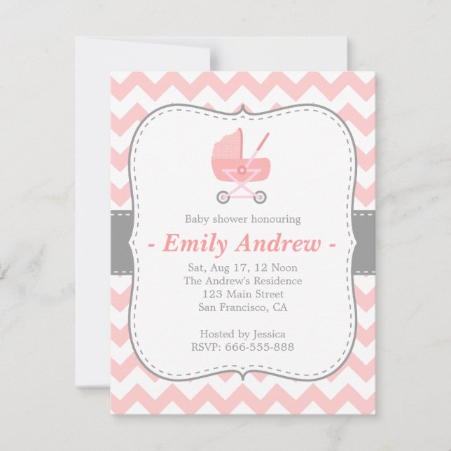 Baby Shower - Pink and White Chevron with Stroller Invitation (Front)