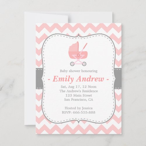 Baby Shower - Pink and White Chevron with Stroller Personalized Invitations