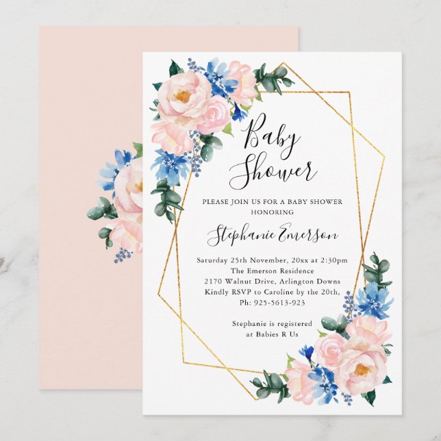 Baby Shower Pink Blue Floral Invitation (Front/Back)