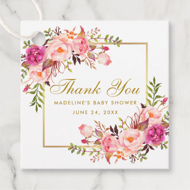Baby Shower Pink Blush Floral Gold Frame Thank You Favor Tags | Zazzle