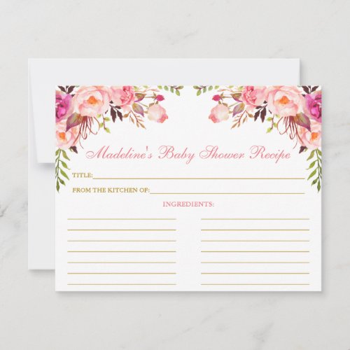 Baby Shower Pink Blush Floral Gold Recipe Card