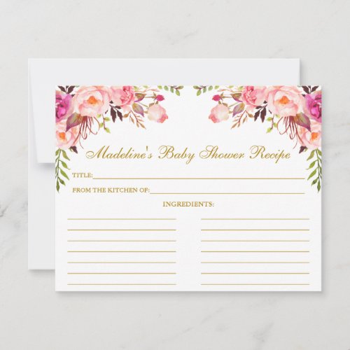 Baby Shower Pink Blush Floral Recipe Card Gold