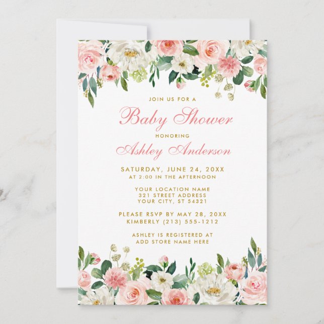 Baby Shower Pink Blush Floral White Gold Invite GP (Front)