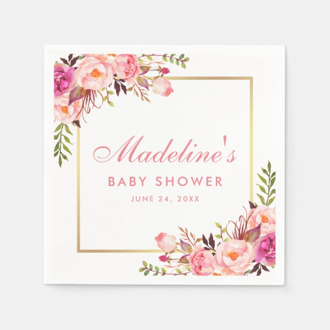 Baby Shower Pink Blush Gold Frame Floral Napkins (Front)