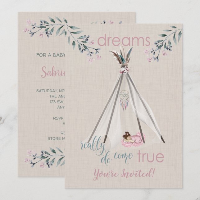 Baby Shower  Pink  Boho Tipi DreamCatcher Invitation (Front/Back)