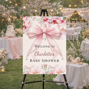 Baby Shower pink bow cream ivory florals welcome Foam Board