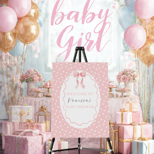 Baby Shower Pink Bow Dots Baby Girl Welcome Sign