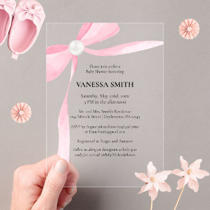 Baby Shower Pink Bow White Pearl Baby Girl Modern Acrylic Invitations