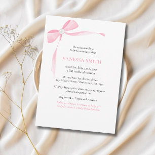 Baby Shower Pink Bow White Pearl Baby Girl Modern Invitation