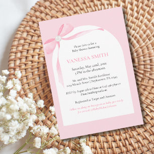 Baby Shower Pink Bow White Pearl Baby Girl Modern Invitation