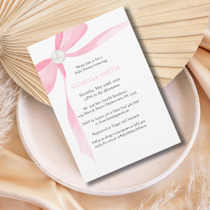 Baby Shower Pink Bow White Pearl Baby Girl Modern Invitation