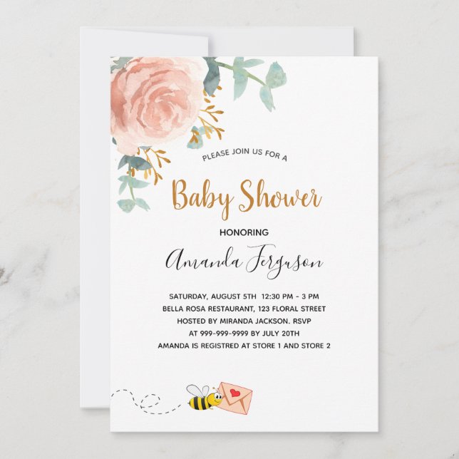 Baby Shower pink bumble bee floral greenery girl Invitation (Front)