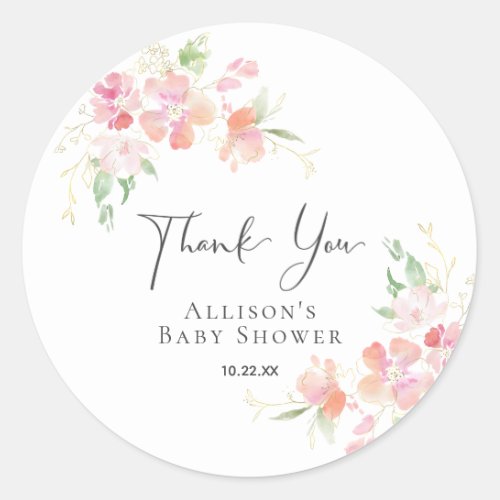 Baby Shower Pink Coral Floral Watercolor Thank You Classic Round Sticker
