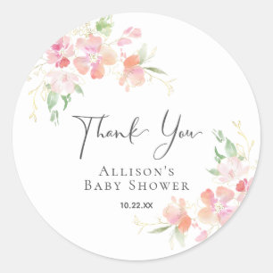 Baby Shower Pink Coral Floral Watercolor Thank You Classic Round Sticker