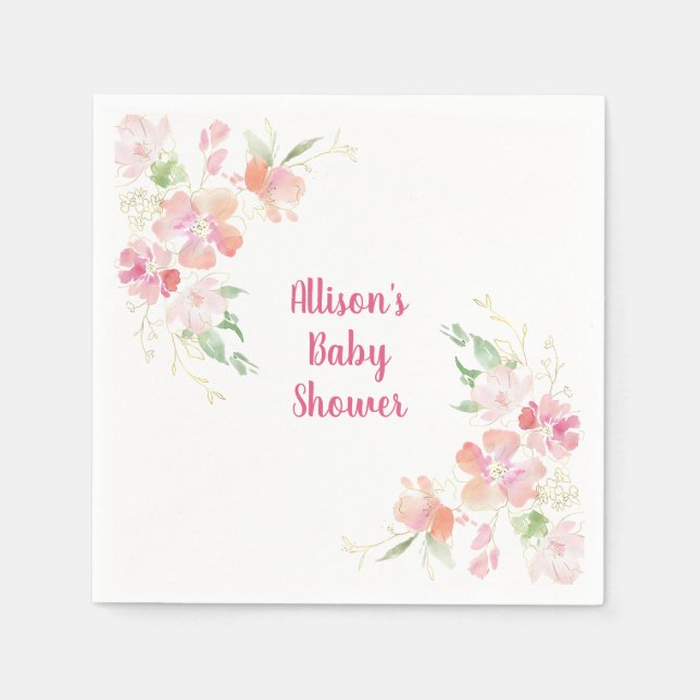Baby Shower | Pink Coral Gold Floral Napkins (Front)