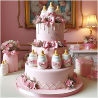 Baby Shower Pink Decorated Cake with Baby Bottles