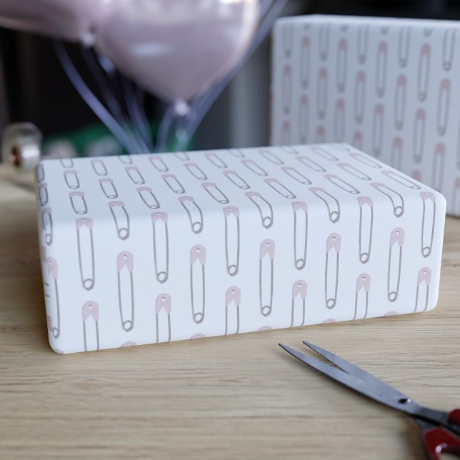 Baby Shower Pink Diaper Pins Wrapping Paper (Creator Uploaded)