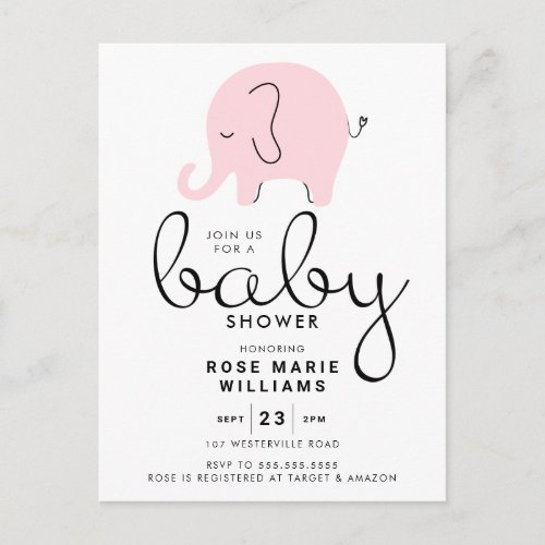 BABY SHOWER  Pink Elephant Doodle Postcard