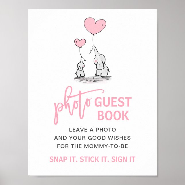 Baby Shower Pink Elephant Photo Guest Book Sign (Front)