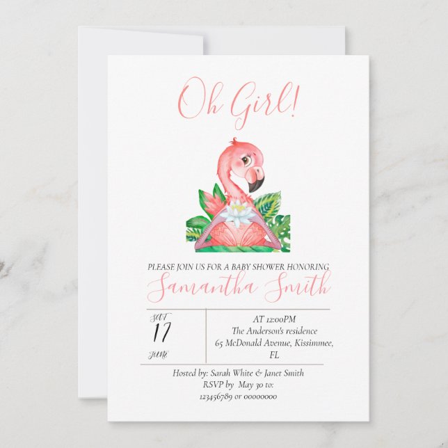 Baby Shower Pink Flamingo Jungle Watercolor  Invitation (Front)