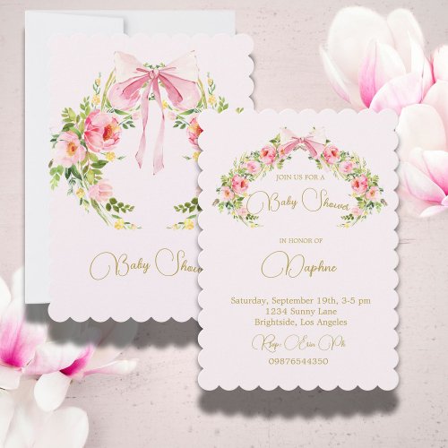 Baby Shower Pink Floral Crest Regency Bow  Invitation