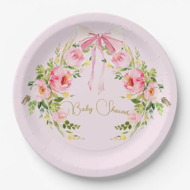Baby Shower Pink Floral Crest Regency Bow  Paper Plates (Front)