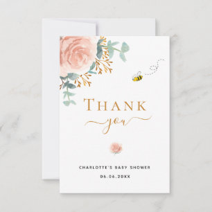 Baby Shower pink floral eucalyptus greenery bee Thank You Card