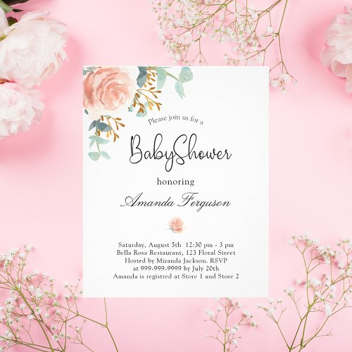 Baby Shower pink floral greenery budget invitation Flyer