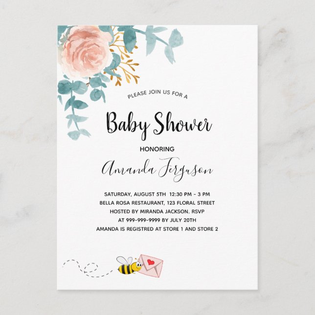 Baby Shower pink floral greenery mom to bee Postcard (Front)