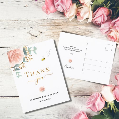 Baby Shower pink floral greenery thank you Postcard