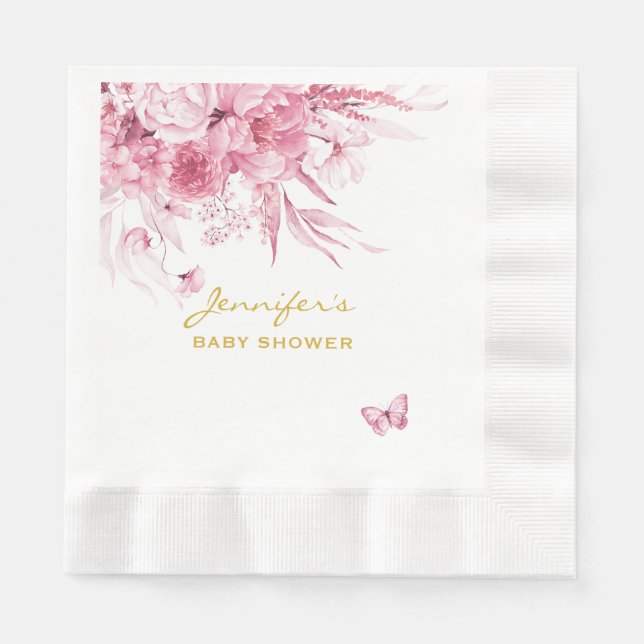 Baby Shower Pink Floral Pink Coined Luncheon Napkins (Front)