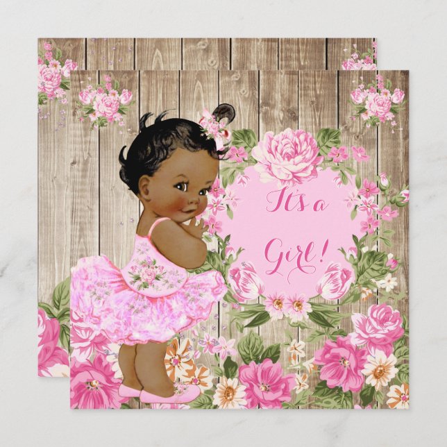 Baby Shower Pink Floral Rustic Wood Girl Ethnic Invitation (Front/Back)