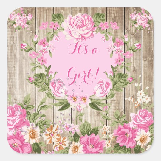 Baby Shower Pink Floral Rustic Wood Girl Square Sticker Zazzle Com