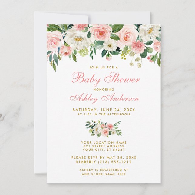 Baby Shower Pink Floral White Gold Invite GP (Front)