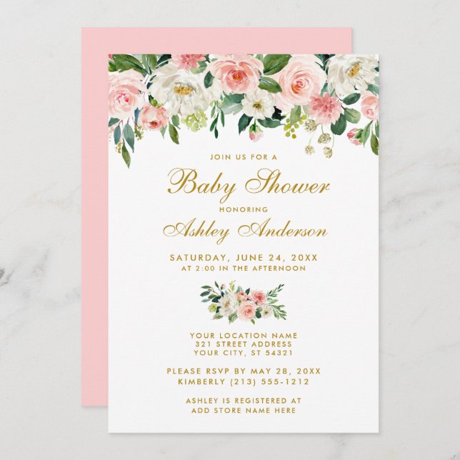 Baby Shower Pink Floral White Gold Invite P (Front/Back)