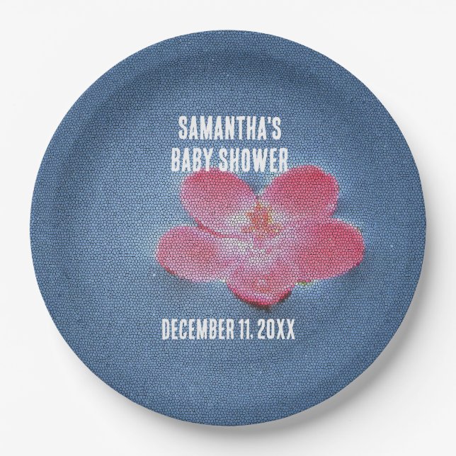 Baby Shower Pink Flower Blue Water Floral Paper Plates (Front)