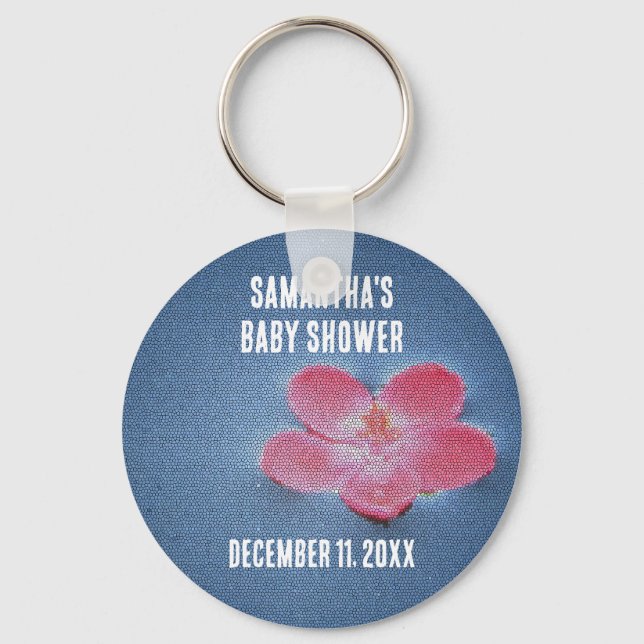 Baby Shower Pink Flower Blue Water Keepsake Keychain (Front)