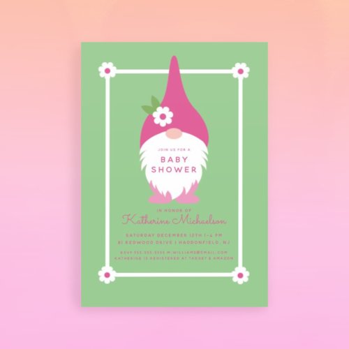BABY SHOWER  Pink Flower Gnome Invitation