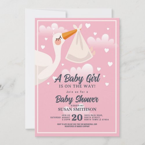 Baby Shower Pink Girl Stork Clouds Invitation