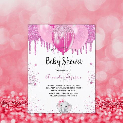Baby Shower pink glitter balloon elephant girl  Invitation Postcard