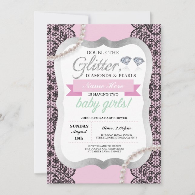 Baby Shower Pink Glitter Bow Twins Girls Invite (Front)