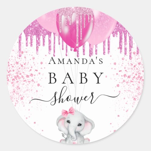 Baby Shower pink glitter elephant girl balloons Classic Round Sticker