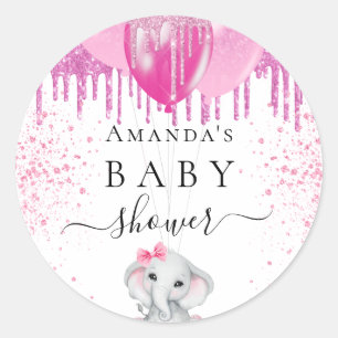 Baby Shower pink glitter elephant girl balloons Classic Round Sticker