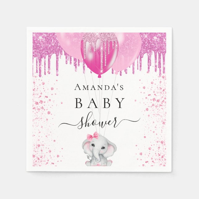 Baby Shower pink glitter elephant girl balloons Napkins (Front)
