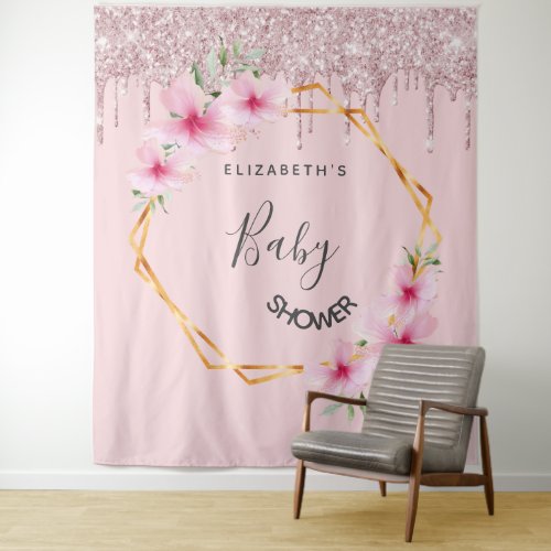 Baby Shower pink glitter florals girl geometric Tapestry