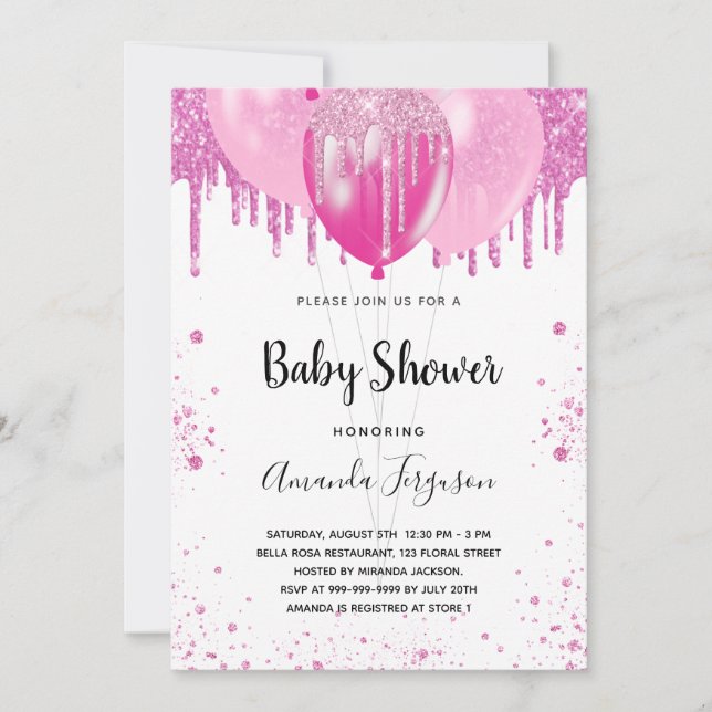 Baby Shower pink glitter girl balloons Invitation (Front)