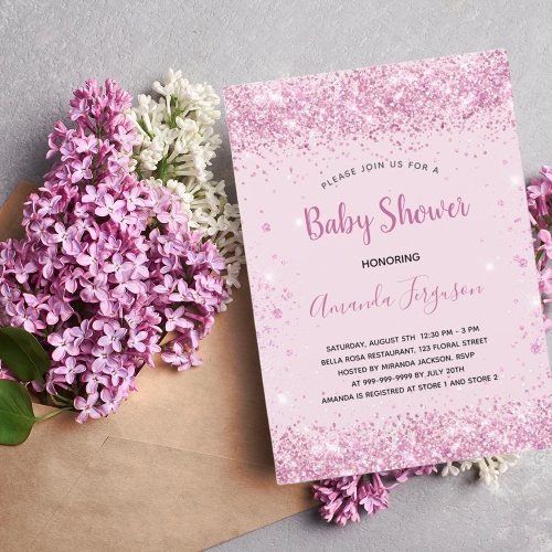 Baby Shower pink glitter girl script Invitation