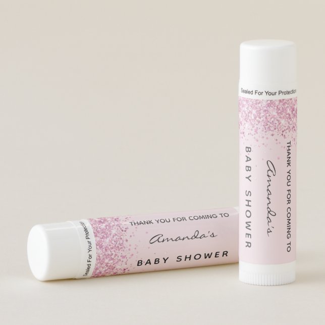 Baby shower pink glitter girl thank you lip balm (Front)