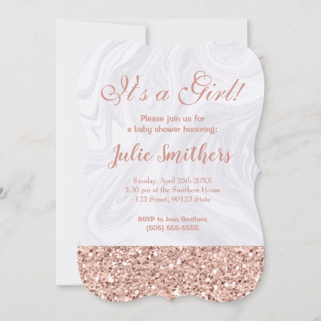 Baby Shower Pink Glitter White Marble Elegant Invitation (Front)