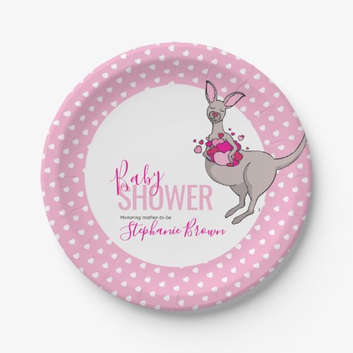 Baby shower pink heart kangaroo paper plate